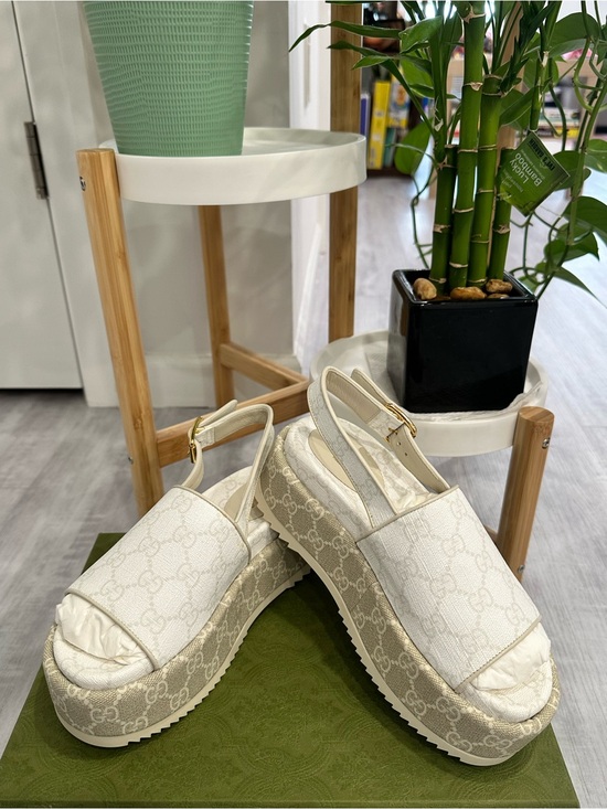 Gucci Shoes - ❌SOLD❌ Gucci White and Beige Monogram Platform Slingback Wedges (Fits US5)